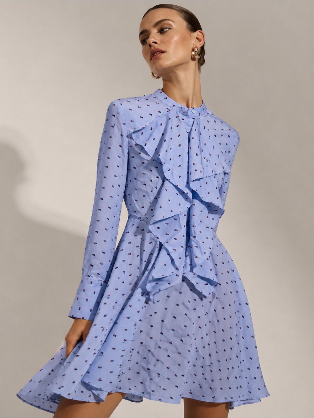 BCBGMaxAzria Blue Ruffle Front Mini Dress Long Sleeve Size Small